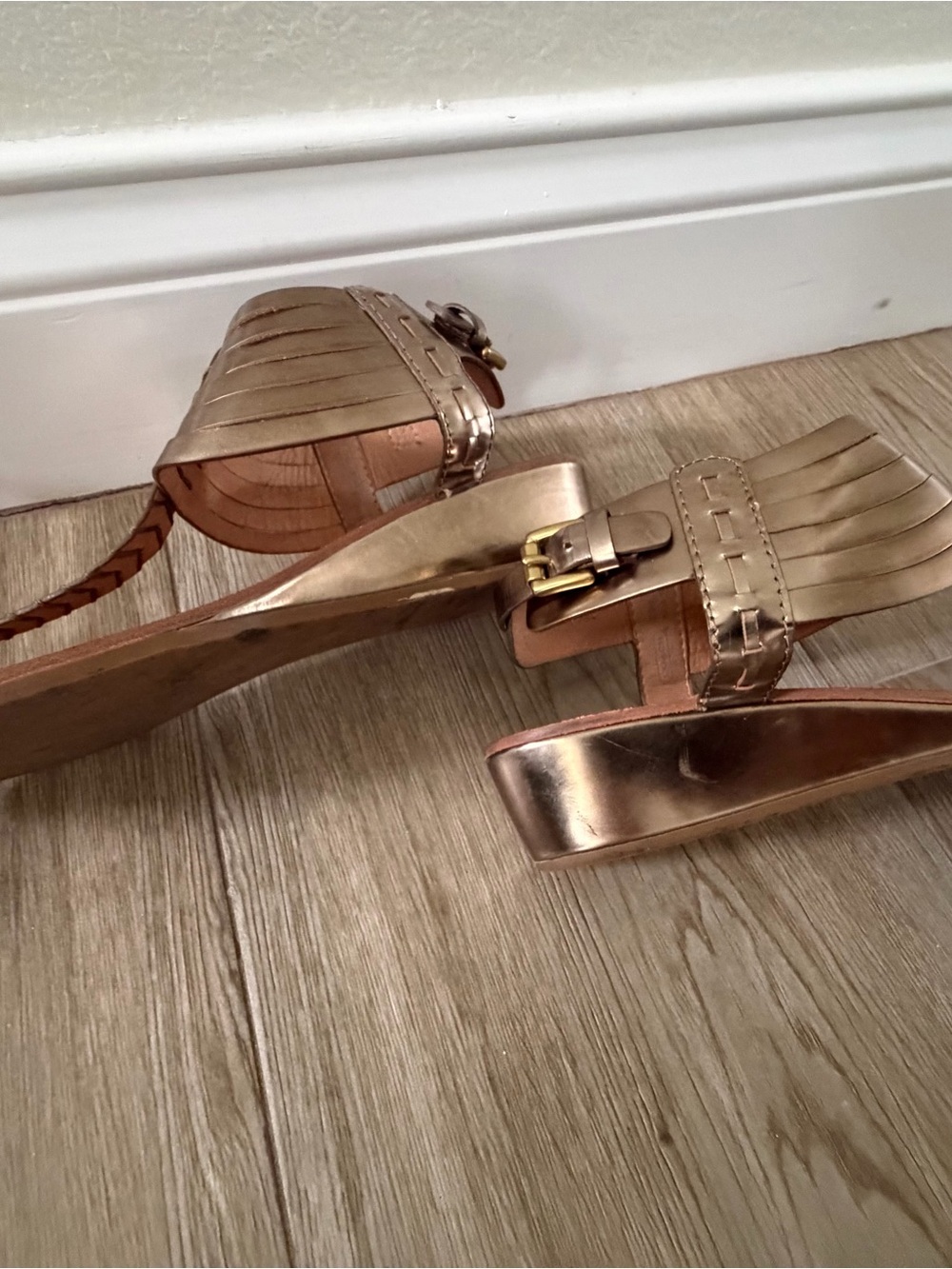 Coach Leather Wedge Sandals India Metallic Bronze Brass Hardware Q1888 Size 10 - Picture 6 of 6